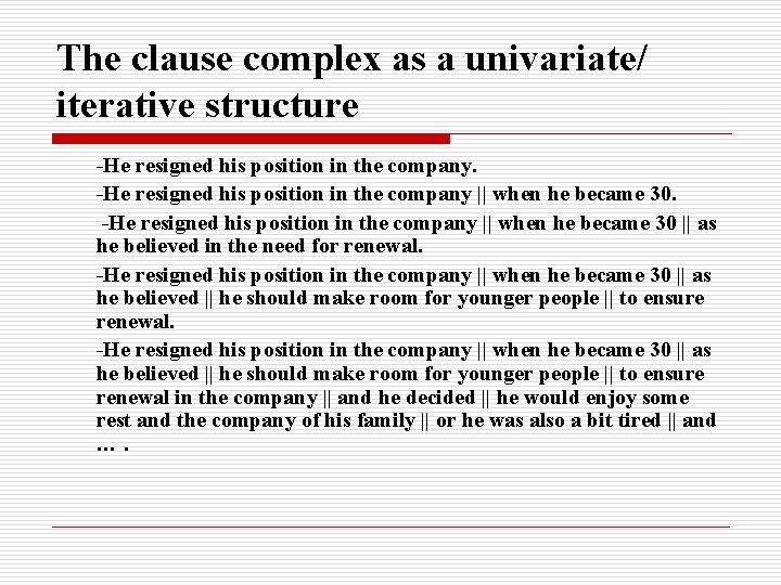 The clause complex as a univariate/ iterative structure -He resigned his position in the