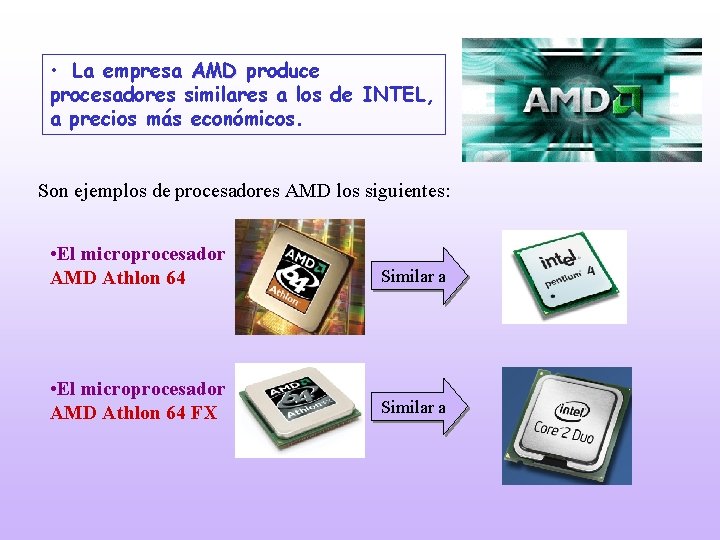  • La empresa AMD produce procesadores similares a los de INTEL, a precios