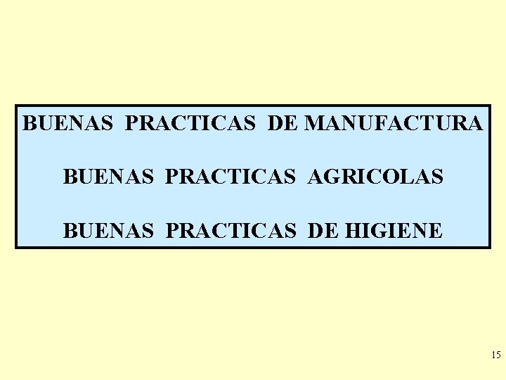 BUENAS PRACTICAS DE MANUFACTURA BUENAS PRACTICAS AGRICOLAS BUENAS PRACTICAS DE HIGIENE 15 