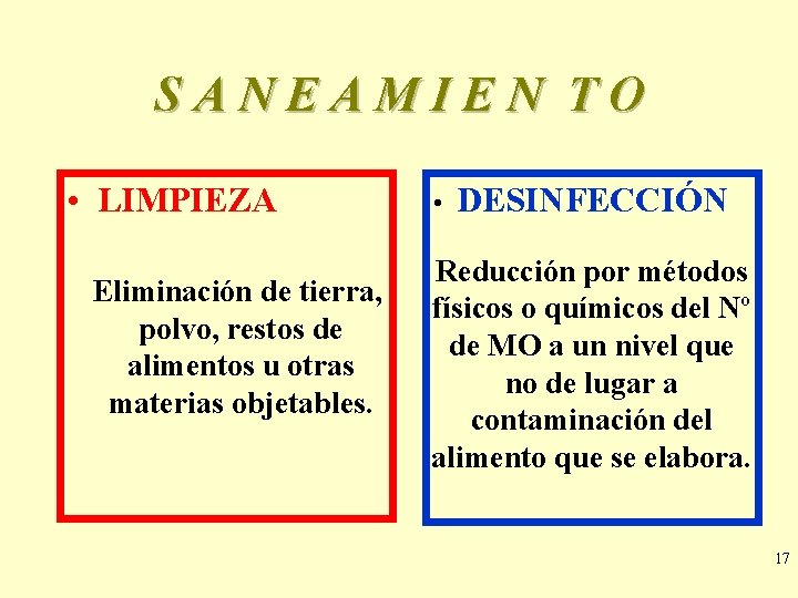 SANEAMIEN TO • LIMPIEZA Eliminación de tierra, polvo, restos de alimentos u otras materias