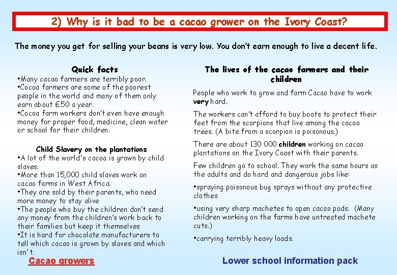 2) Why is it bad to be a cacao grower on the Ivory Coast?