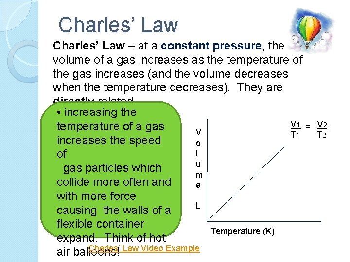 Charles’ Law – at a constant pressure, the volume of a gas increases as