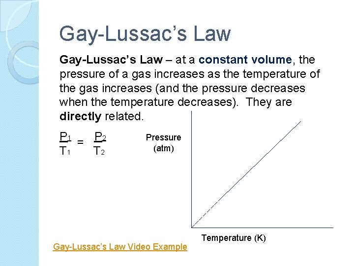 Gay-Lussac’s Law – at a constant volume, the pressure of a gas increases as