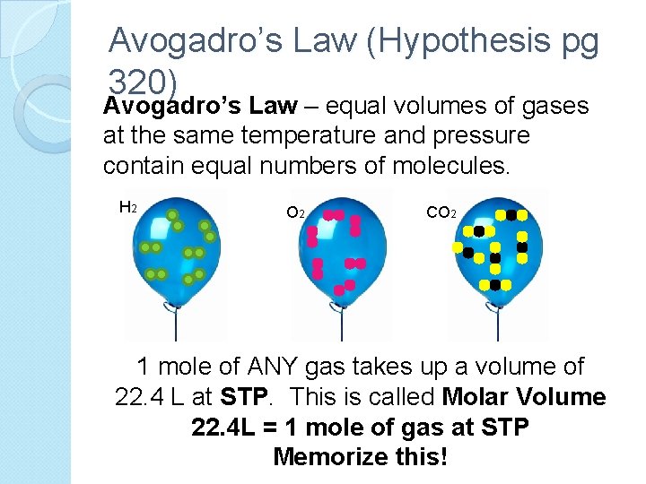 Avogadro’s Law (Hypothesis pg 320) Avogadro’s Law – equal volumes of gases at the