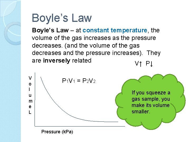 Boyle’s Law – at constant temperature, the volume of the gas increases as the