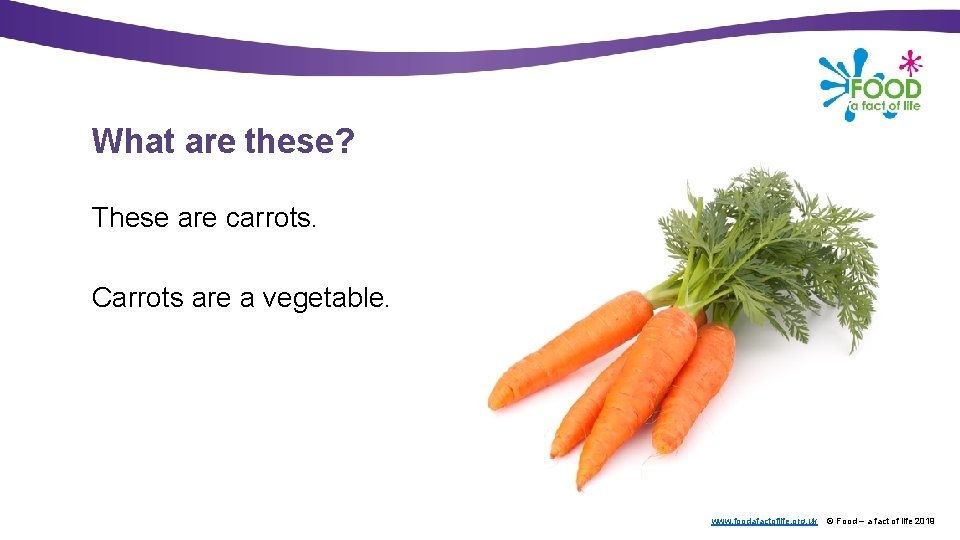 What are these? These are carrots. Carrots are a vegetable. www. foodafactoflife. org. uk