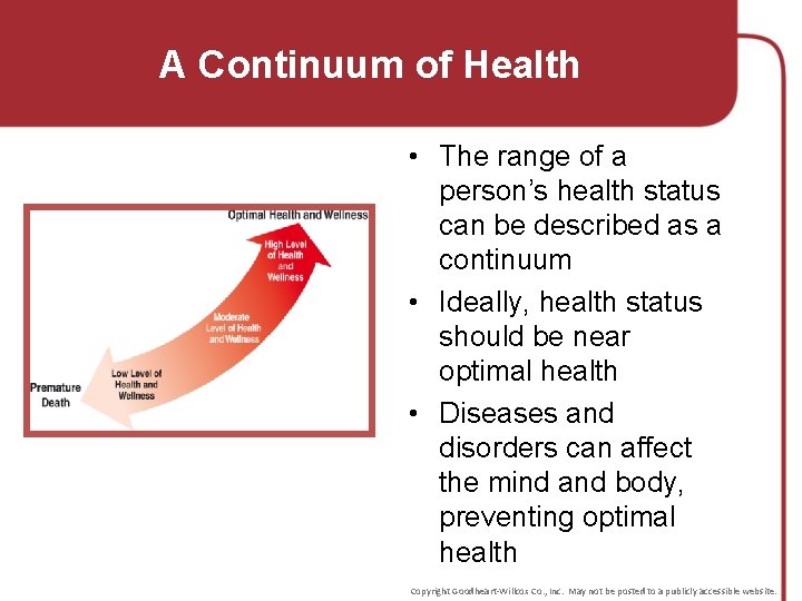 A Continuum of Health • The range of a person’s health status can be