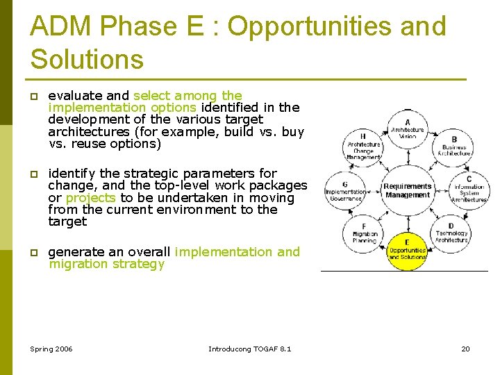 ADM Phase E : Opportunities and Solutions p evaluate and select among the implementation