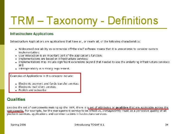 TRM – Taxonomy - Definitions Spring 2006 Introducong TOGAF 8. 1 34 