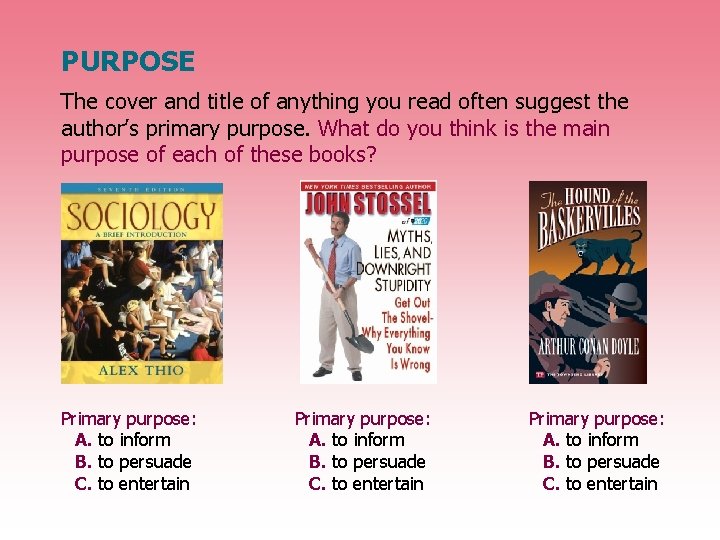PURPOSE The cover and title of anything you read often suggest the author’s primary