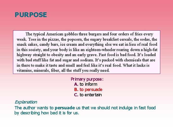 PURPOSE The typical American gobbles three burgers and four orders of fries every week.