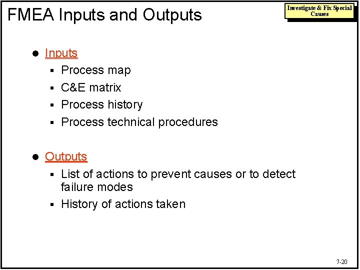 FMEA Inputs and Outputs Investigate & Fix Special Causes l Inputs § Process map