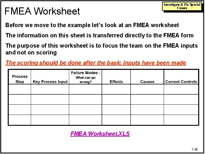 FMEA Worksheet Investigate & Fix Special Causes Before we move to the example let’s