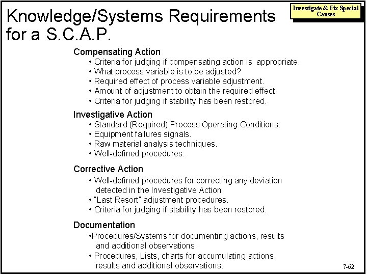 Knowledge/Systems Requirements for a S. C. A. P. Investigate & Fix Special Causes Compensating