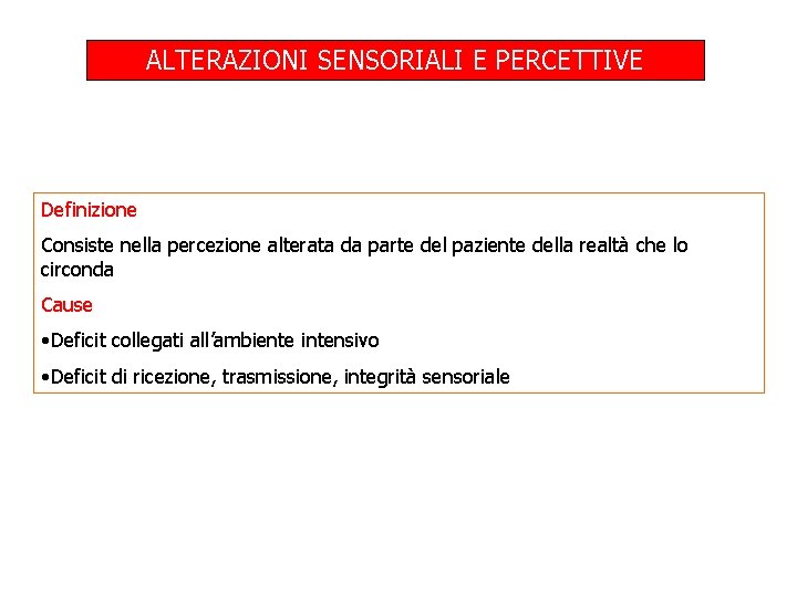 ALTERAZIONI SENSORIALI E PERCETTIVE Definizione Consiste nella percezione alterata da parte del paziente della