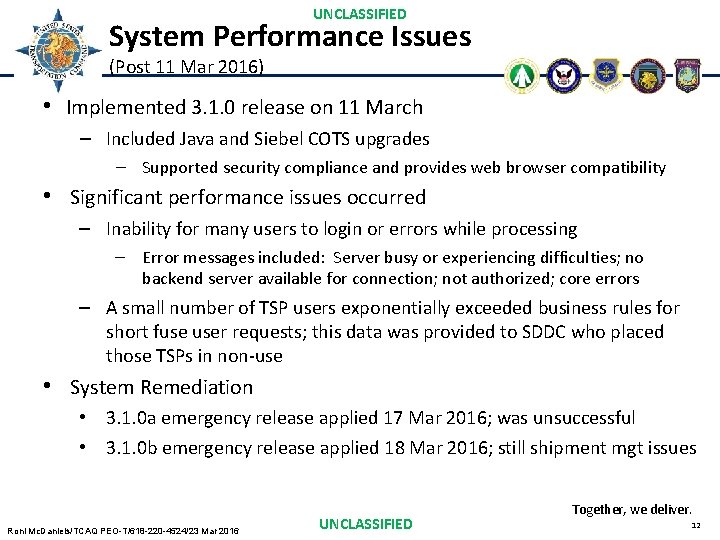 UNCLASSIFIED System Performance Issues (Post 11 Mar 2016) • Implemented 3. 1. 0 release