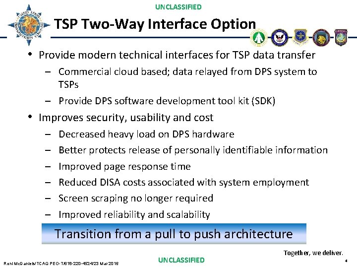 UNCLASSIFIED TSP Two-Way Interface Option • Provide modern technical interfaces for TSP data transfer
