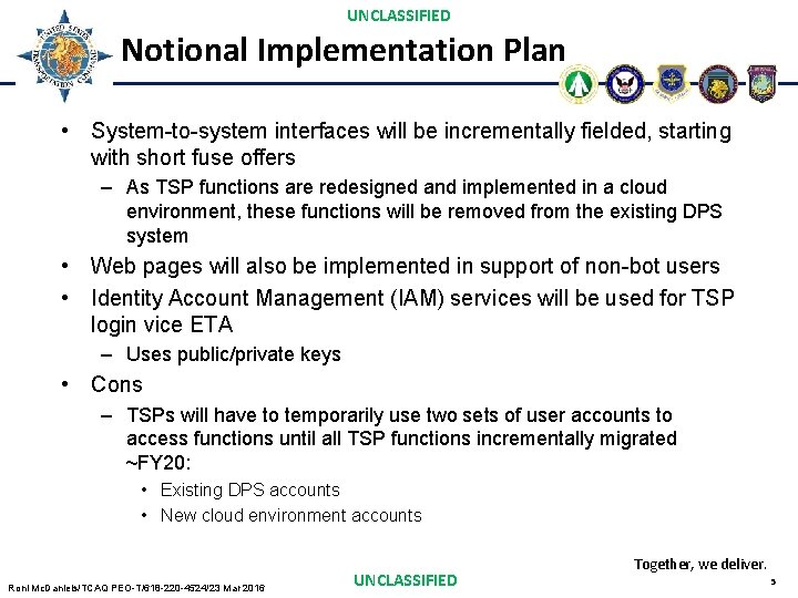 UNCLASSIFIED Notional Implementation Plan • System-to-system interfaces will be incrementally fielded, starting with short