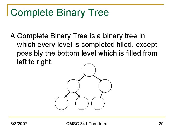 Complete Binary Tree A Complete Binary Tree is a binary tree in which every