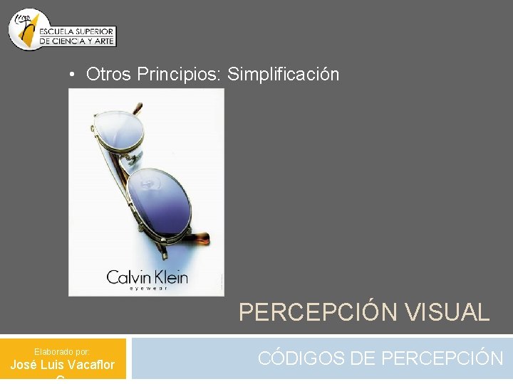  • Otros Principios: Simplificación PERCEPCIÓN VISUAL Elaborado por: José Luis Vacaflor CÓDIGOS DE