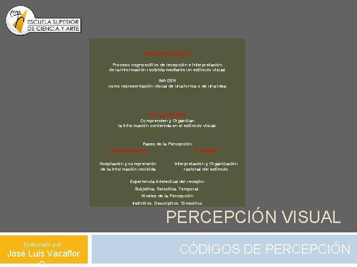 PERCEPCIÓN VISUAL Proceso cognoscitivo de recepción e interpretación de la información recibida mediante un