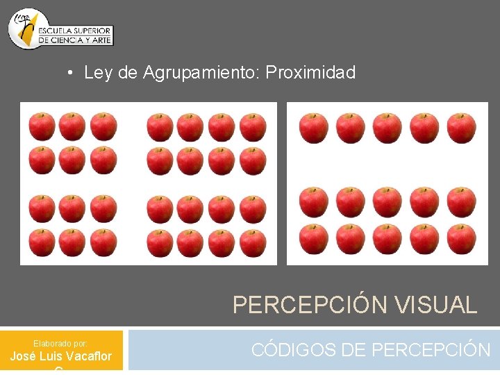  • Ley de Agrupamiento: Proximidad PERCEPCIÓN VISUAL Elaborado por: José Luis Vacaflor CÓDIGOS