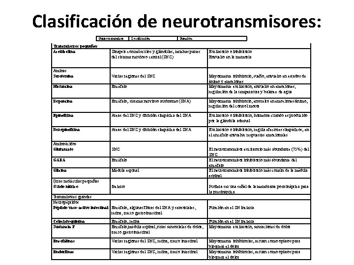 Clasificación de neurotransmisores: Neurotransmisor Transmisores pequeños Acetilcolina Localización Función Sinapsis con músculos y glándulas;