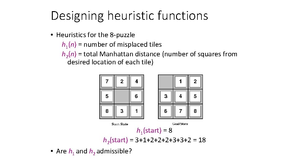 Designing heuristic functions • Heuristics for the 8 -puzzle h 1(n) = number of
