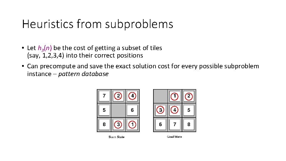 Heuristics from subproblems • Let h 3(n) be the cost of getting a subset