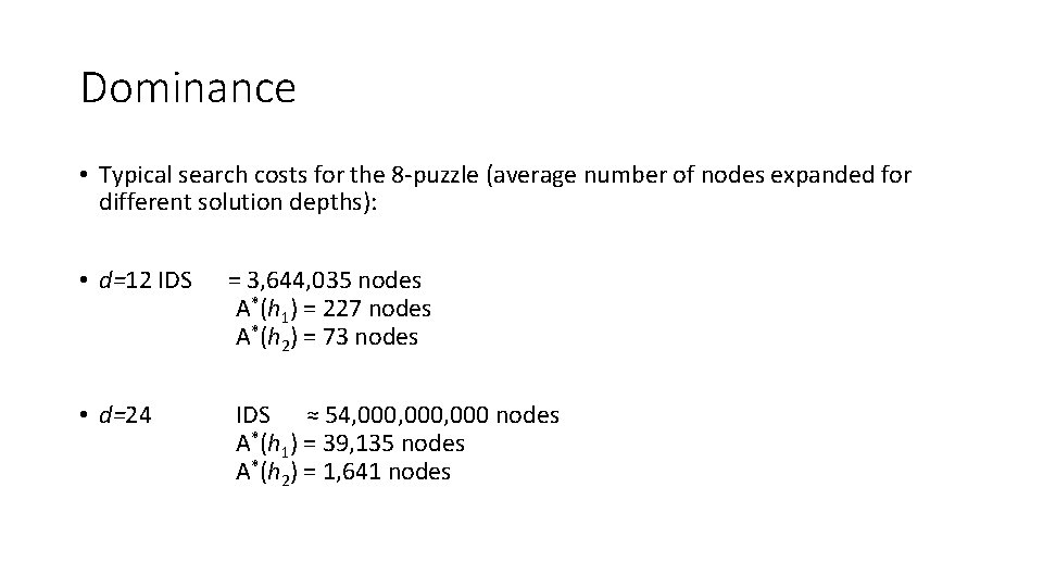 Dominance • Typical search costs for the 8 -puzzle (average number of nodes expanded