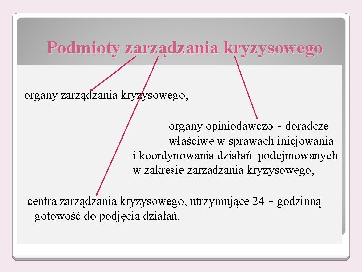 Podmioty zarządzania kryzysowego organy zarządzania kryzysowego, organy opiniodawczo‐doradcze właściwe w sprawach inicjowania i koordynowania