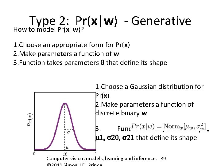 Type 2: Pr(x|w) Generative How to model Pr(x|w)? 1. Choose an appropriate form for