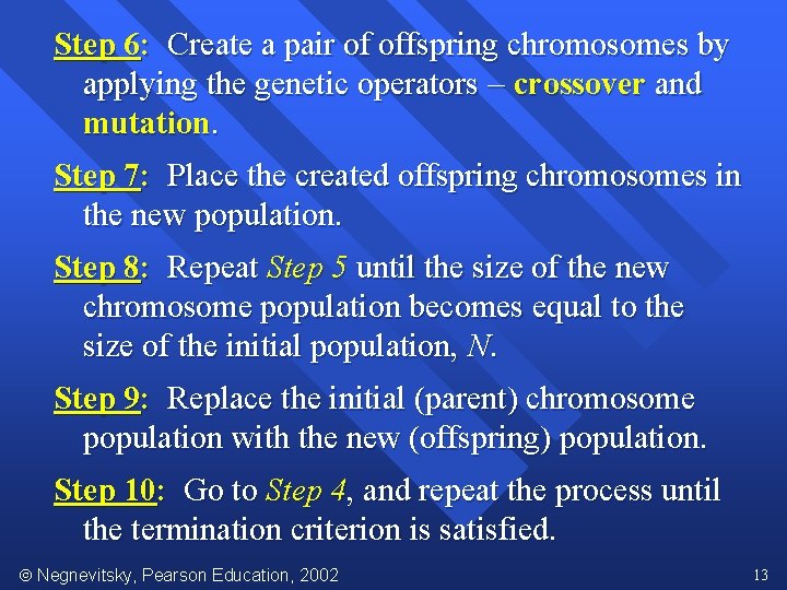 Step 6: Create a pair of offspring chromosomes by applying the genetic operators crossover
