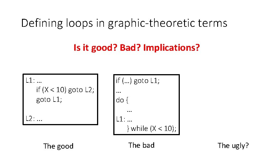 Defining loops in graphic-theoretic terms Is it good? Bad? Implications? L 1: … if