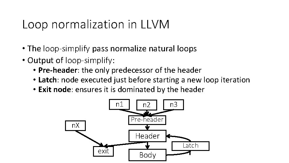 Loop normalization in LLVM • The loop-simplify pass normalize natural loops • Output of