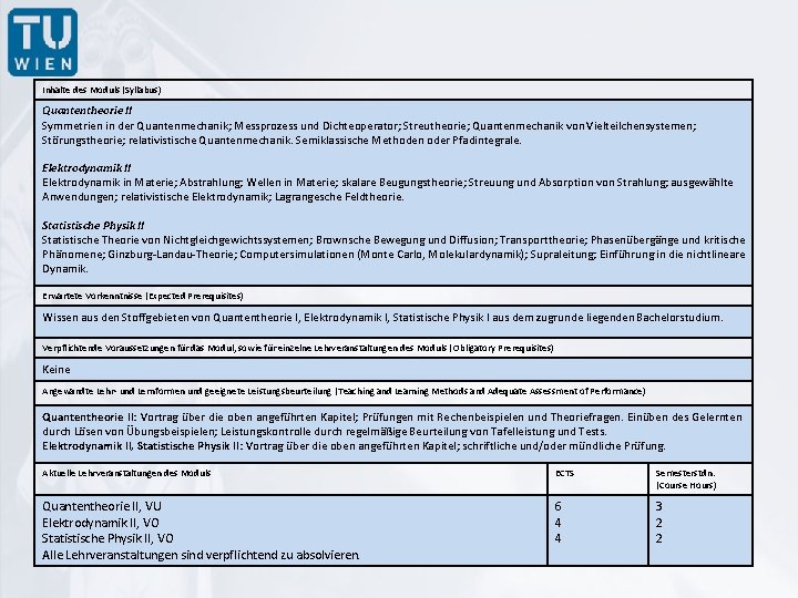 Inhalte des Moduls (Syllabus) Quantentheorie II Symmetrien in der Quantenmechanik; Messprozess und Dichteoperator; Streutheorie;