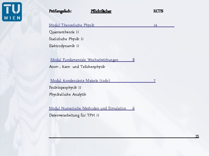 Prüfungsfach: Pflichtfächer ECTS Modul Theoretische Physik Quantentheorie II Statistische Physik II Elektrodynamik II Modul