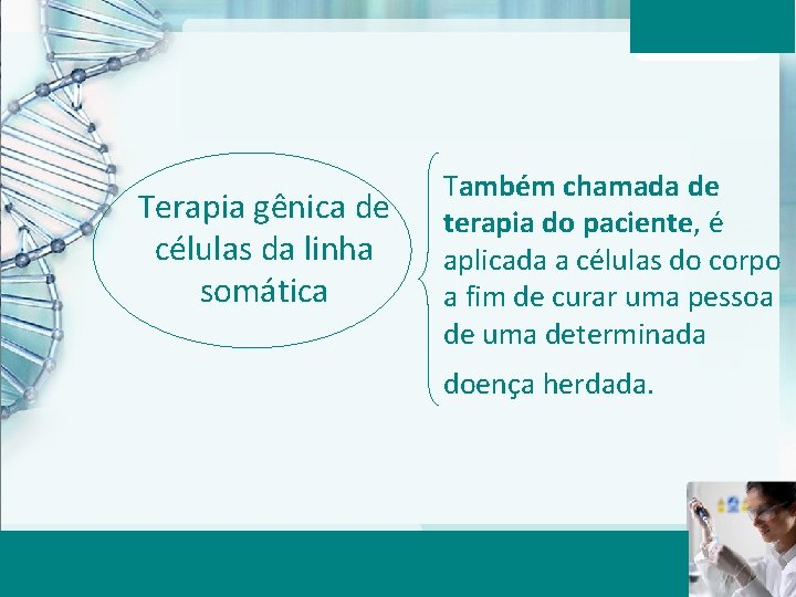 Terapia gênica de células da linha somática Também chamada de terapia do paciente, é