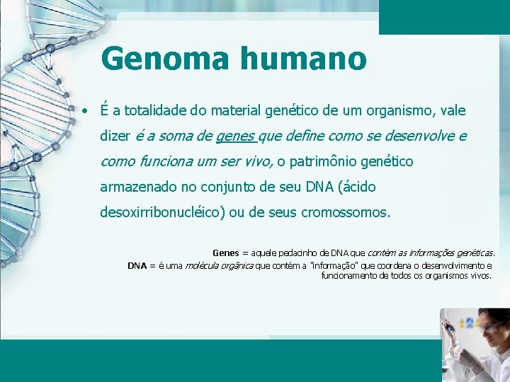 Genoma humano • É a totalidade do material genético de um organismo, vale dizer