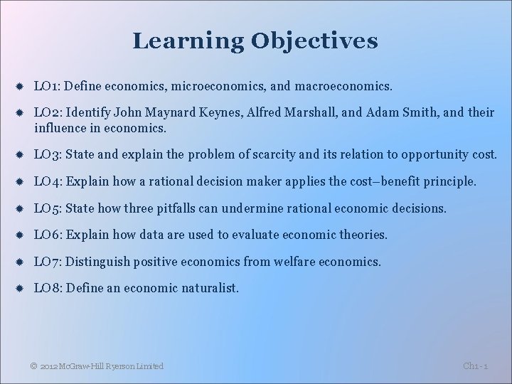 Learning Objectives LO 1: Define economics, microeconomics, and macroeconomics. LO 2: Identify John Maynard