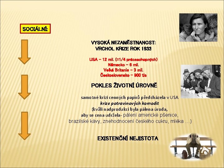 SOCIÁLNÍ: VYSOKÁ NEZAMĚSTNANOST: VRCHOL KRIZE ROK 1933 USA – 12 mil. (=1/4 práceschopných) Německo