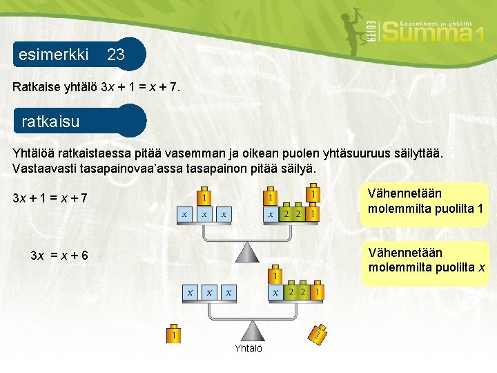 esimerkki 23 esimerkki 1 Ratkaise yhtälö 3 x + 1 = x + 7.