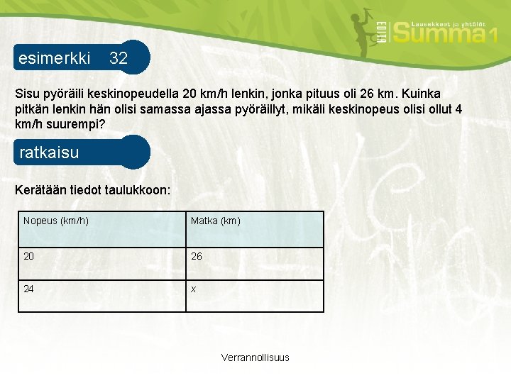 esimerkki 32 esimerkki 1 Sisu pyöräili keskinopeudella 20 km/h lenkin, jonka pituus oli 26