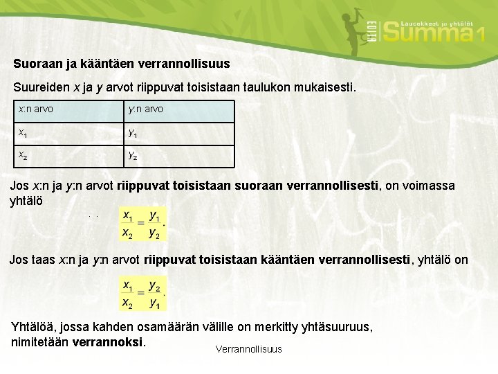 Suoraan ja kääntäen verrannollisuus Suureiden x ja y arvot riippuvat toisistaan taulukon mukaisesti. x: