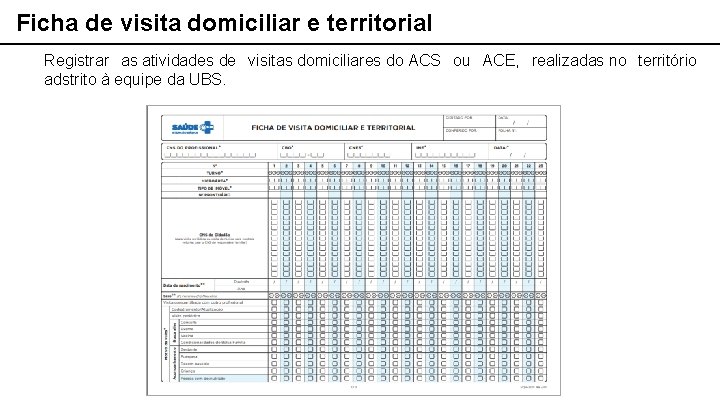 Ficha de visita domiciliar e territorial Registrar as atividades de visitas domiciliares do ACS