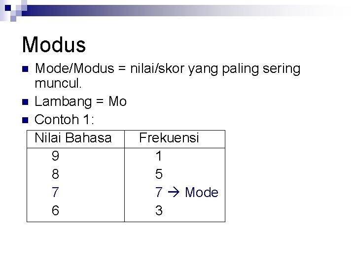 Modus n n n Mode/Modus = nilai/skor yang paling sering muncul. Lambang = Mo