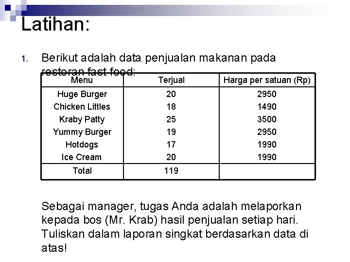 Latihan: 1. Berikut adalah data penjualan makanan pada restoran fast-food: Menu Terjual Harga per