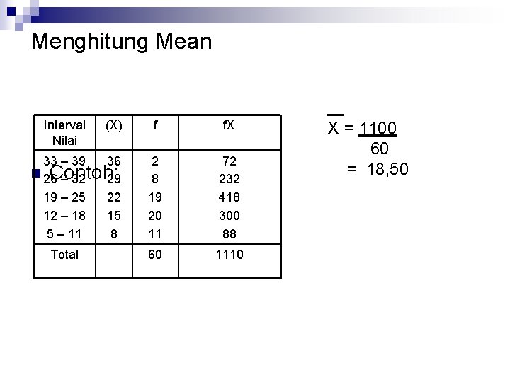 Menghitung Mean Interval Nilai (X) 33 – 39 36 n 26 Contoh: – 32