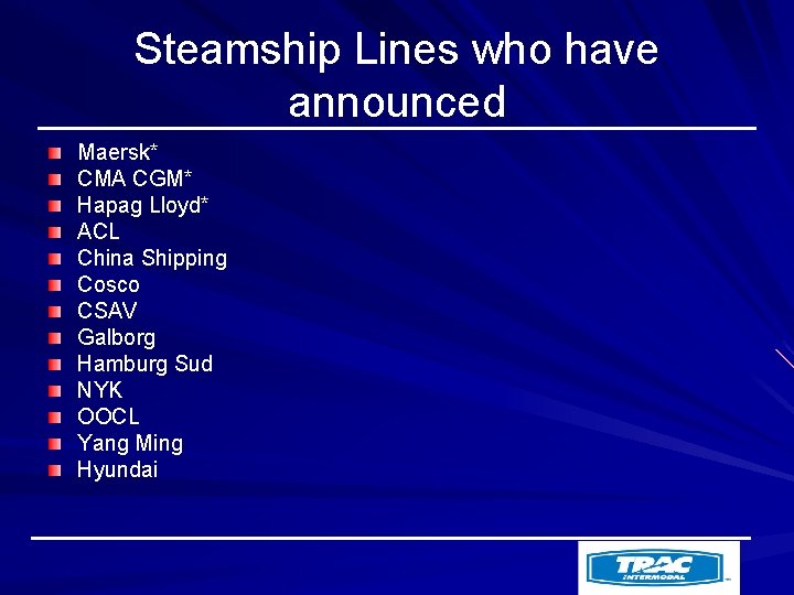 Steamship Lines who have announced Maersk* CMA CGM* Hapag Lloyd* ACL China Shipping Cosco