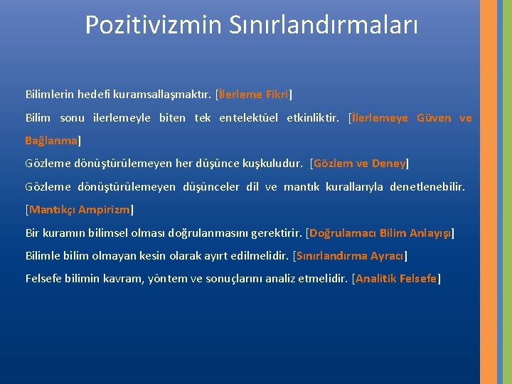 Pozitivizmin Sınırlandırmaları Bilimlerin hedefi kuramsallaşmaktır. [İlerleme Fikri] Bilim sonu ilerlemeyle biten tek entelektüel etkinliktir.